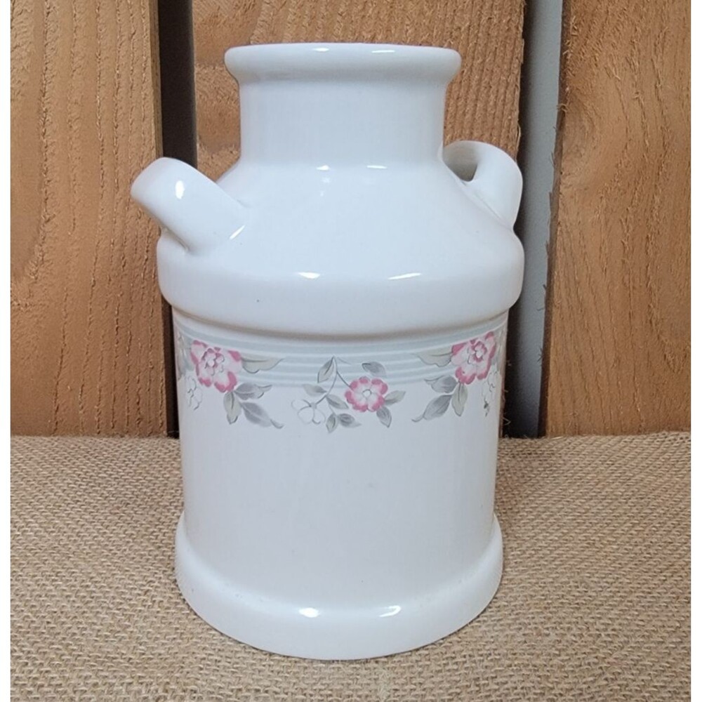 Small White Porcelain Milk Jug Painted Pink Flowers Mount Clemens Pottery 6.5in